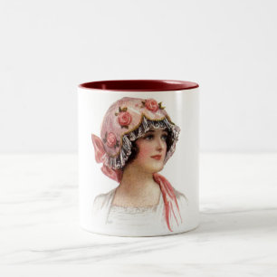 Vintage Lady in Silk Flowered Bonnet Two-Tone Coffee Mug