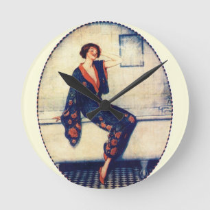 Vintage lady in the bathroom round clock