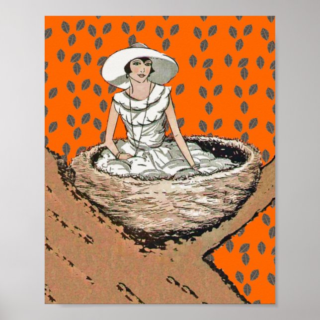 Vintage Lady In White Bird Nest Leaves Poster (Front)