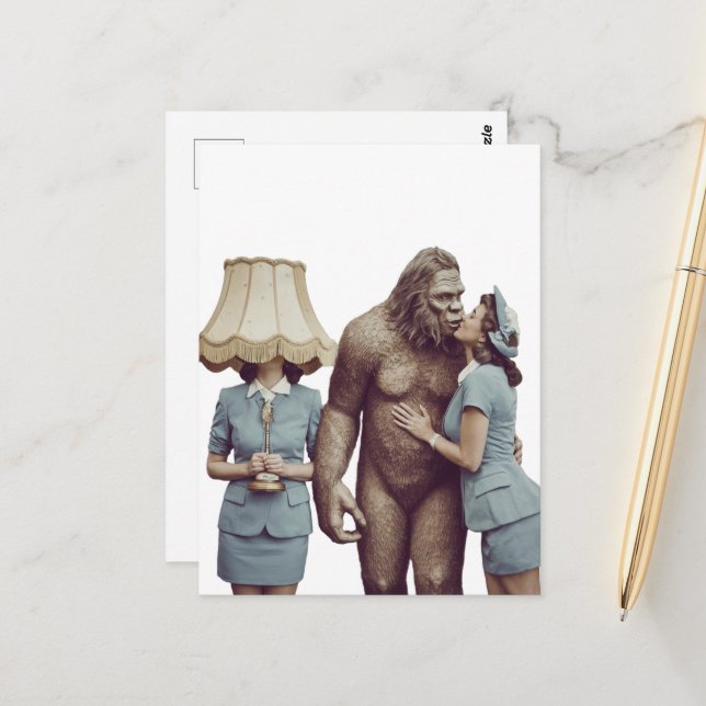Vintage Lady Kissing Sasquatch Postcard (Front/Back In Situ)