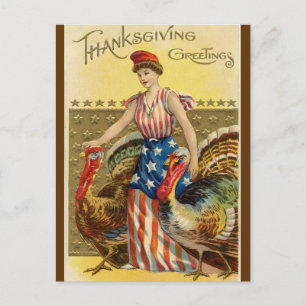 Vintage Lady Liberty and Two Large Turkeys Postcard