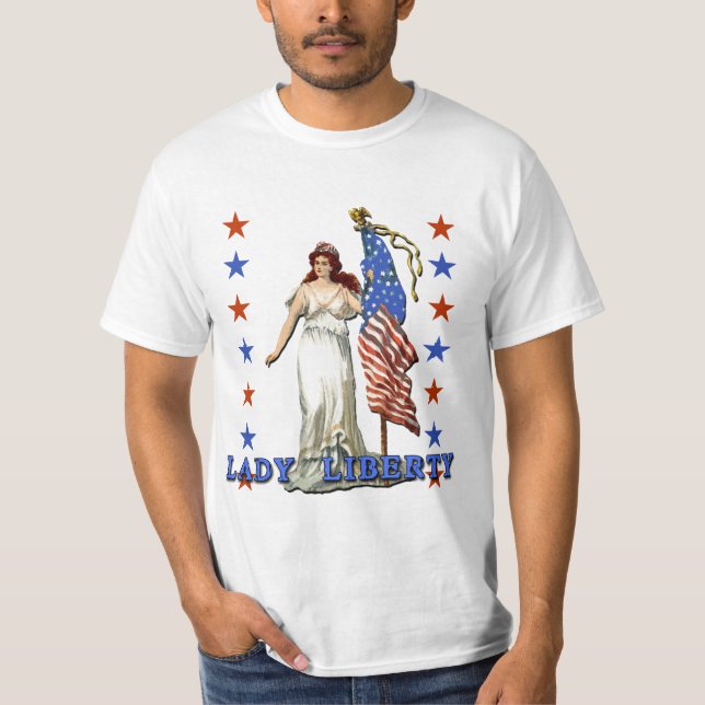 Vintage Lady Liberty with American Flag T-Shirt (Front)