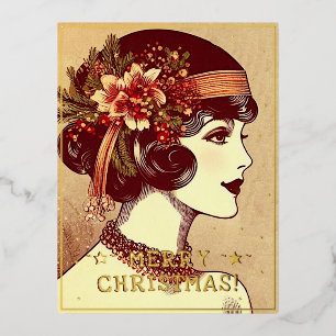 Vintage Lady Merry Christmas Greetings Retro Pic Foil Holiday Postcard