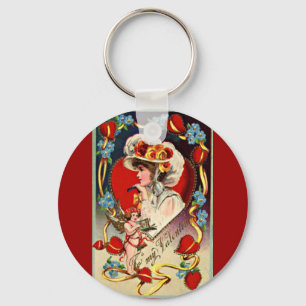 Vintage Lady My Valentine Round Keychain