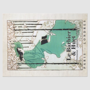 Vintage Lady Reading a Book French Bookshop Green Tissue Paper
