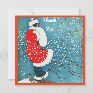 Vintage Lady Red Coat White Fur Trim Muff Snow cpy Thank You Card
