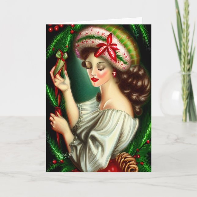 Vintage Lady Retro Christmas Holiday Card (Front)