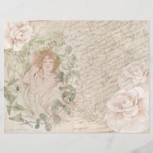 Vintage Lady Roses Script Map Scrapbook Paper