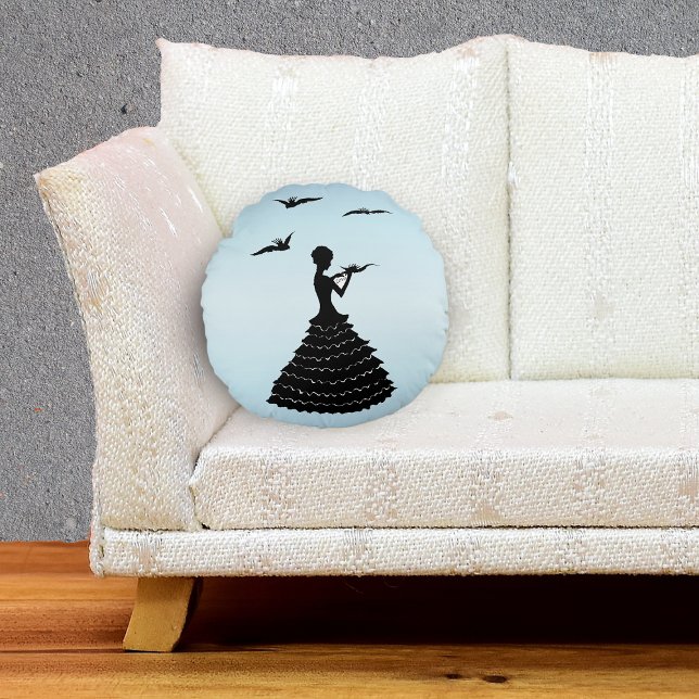 Vintage Lady Silhouette Love Letter Doves Round Cushion (black silhouette lady in ruffled dress love letter black doves on light blue decorative pillow.)