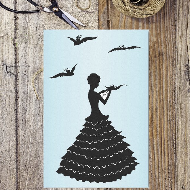 Vintage Lady Silhouette Love Letter Doves Tissue Paper (black silhouette lady in ruffled dress with love letter and flying black doves on blue tissue paper.)