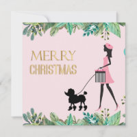 Vintage Lady walking black poodle Merry Christmas