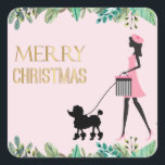 Vintage Lady walking black poodle Merry Christmas Square Sticker<br><div class="desc">Vintage Lady all dressed up in pink walking a cute black poodle with Merry Christmas greeting</div>