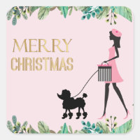 Vintage Lady walking black poodle Merry Christmas