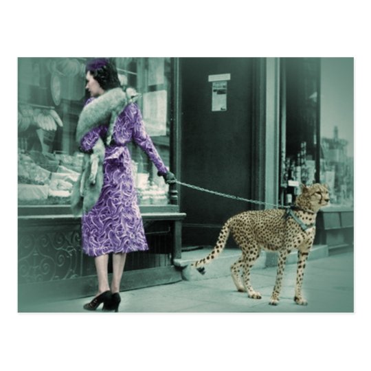 Vintage Lady Window Shopping While Walking Cheetah Postcard Zazzle Co Uk