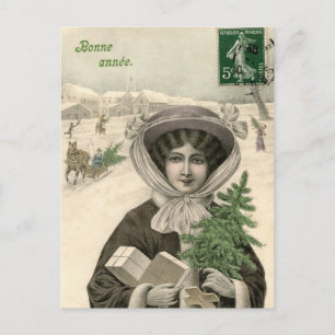 Vintage lady winter illustration Christmas card