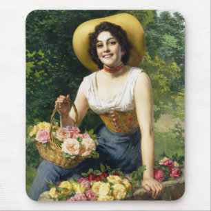 Vintage Lady With A Basket Of Pink & Yellow Roses Mouse Mat