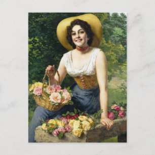 Vintage Lady With A Basket Of Roses Postcard