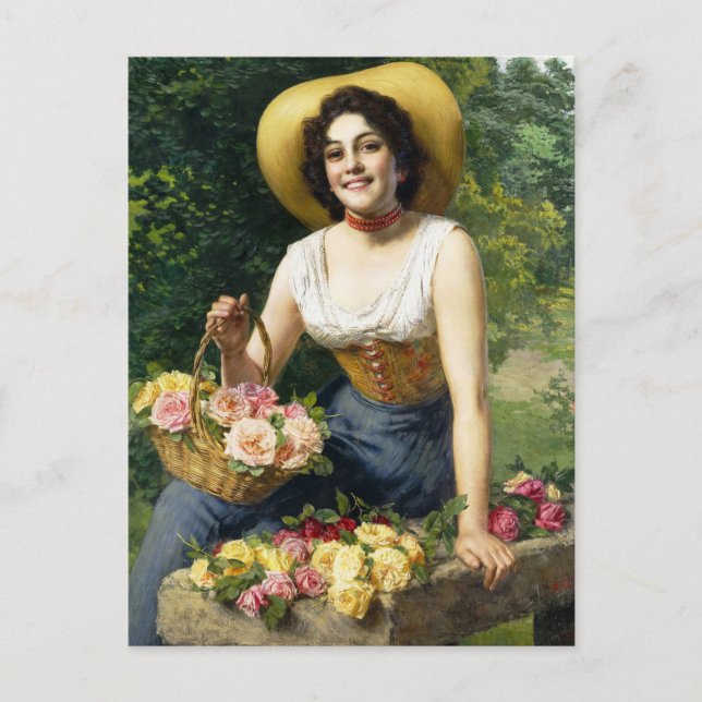 Vintage Lady With A Basket Of Roses Postcard (Front)