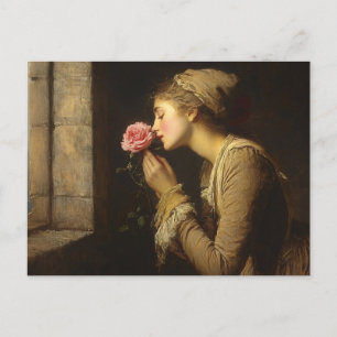 Vintage Lady With a Pink Rose Painting Postcard