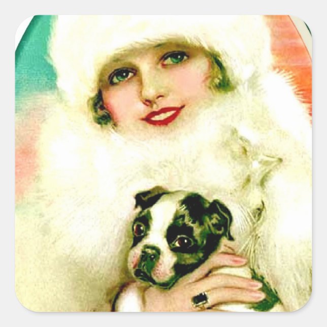Vintage Lady with Boston Terrier Square Sticker (Front)