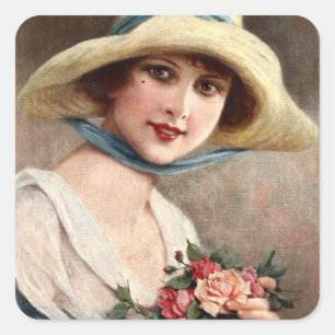 Vintage Lady With Bouquet Of Roses   Square Sticker