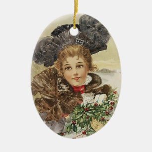 Vintage Lady with Holly Ceramic Tree Decoration