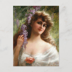 Vintage Lady With Purple Flowers & Peach Rose Postcard