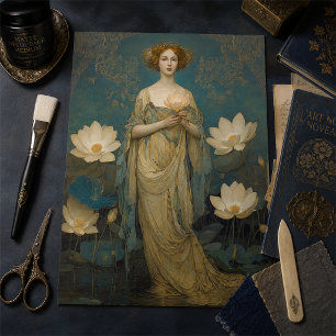 Vintage Lady with White Waterlilies Decoupage Tissue Paper