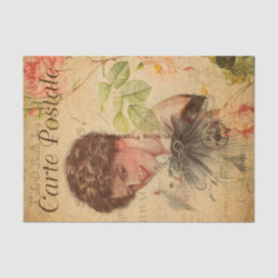 Vintage Lady Woman with Cute Cat Floral French Tissue Paper