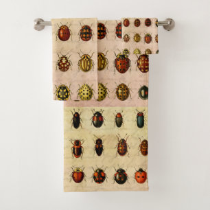 Vintage Ladybug Specimen Pattern Antique Insect Bath Towel Set