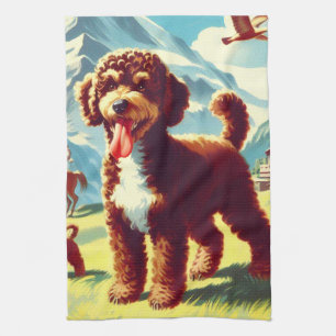 Vintage Lagotto Romagnolo Dog Painting Tea Towel
