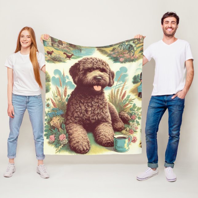 Vintage Lagotto Romagnolo Illustration Fleece Blanket (In Situ)