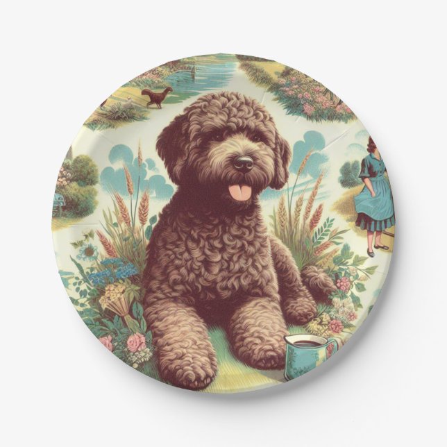 Vintage Lagotto Romagnolo Illustration Paper Plate (Front)