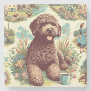 Vintage Lagotto Romagnolo Illustration Stone Coaster