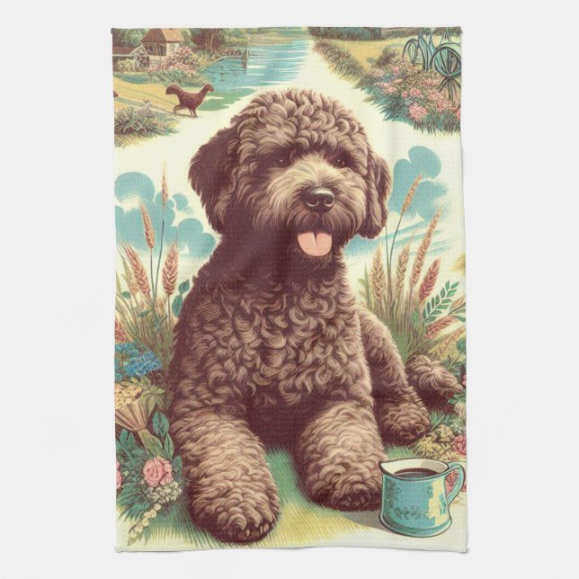 Vintage Lagotto Romagnolo Illustration Tea Towel (Vertical)