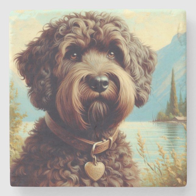 Vintage Lagotto Romagnolo Painting Stone Coaster (Front)