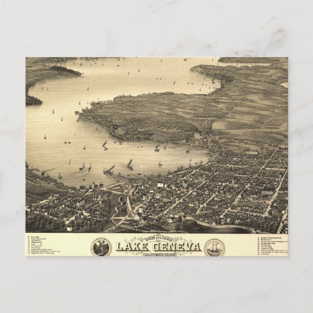 Vintage Lake Geneva Map Postcard (Front)