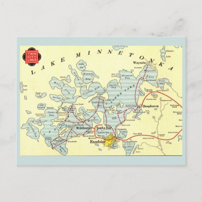 Vintage Lake Minnetonka Map Postcard (Front)