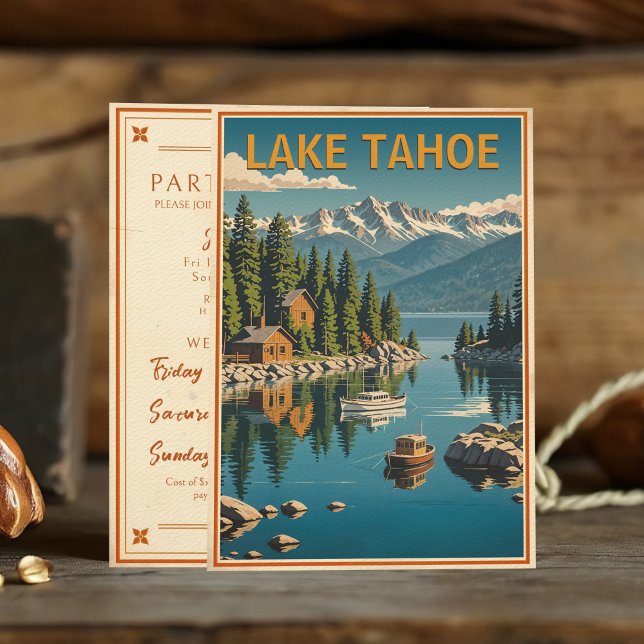 Vintage Lake Tahoe Bachelorette Weekend Rustic Invitation (Vintage-inspired Lake Tahoe destination bachelorette weekend invitation in travel poster style.)