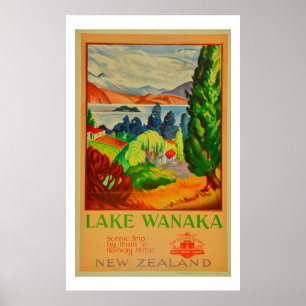 Vintage Lake Wanaka New Zealand Travel Poster