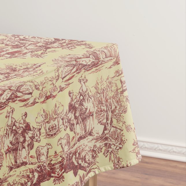 Vintage lake yellow red toile de jouy tablecloth (In Situ)