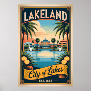 Vintage Lakeland Florida City of Lakes Retro Poster