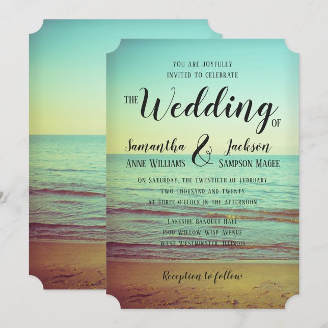 Vintage Lakeside Beach Wedding Invitation (Front/Back)