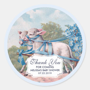 Vintage Lambs Dressed  in Blue Ribbons Baby Shower Classic Round Sticker