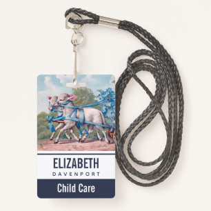 Vintage Lambs Dressed in Fancy Blue Ribbons ID Badge