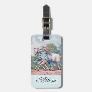 Vintage Lambs Dressed in Fancy Blue Ribbons Luggage Tag