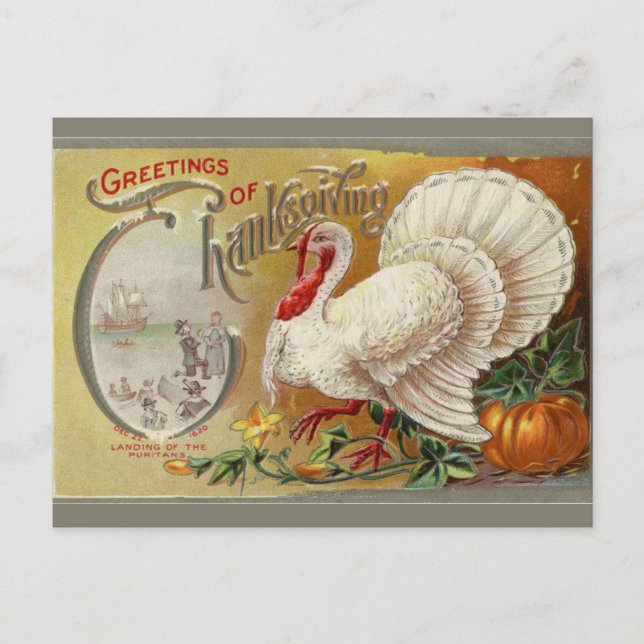 Vintage Landing of the Puritans Thanksgiving Postcard (Front)