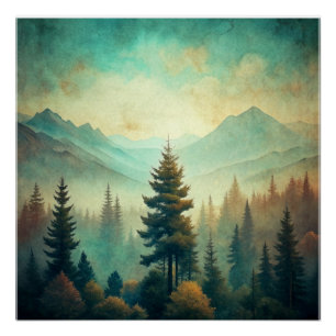 Vintage Landscape Mountains Forest Wall Poster Art