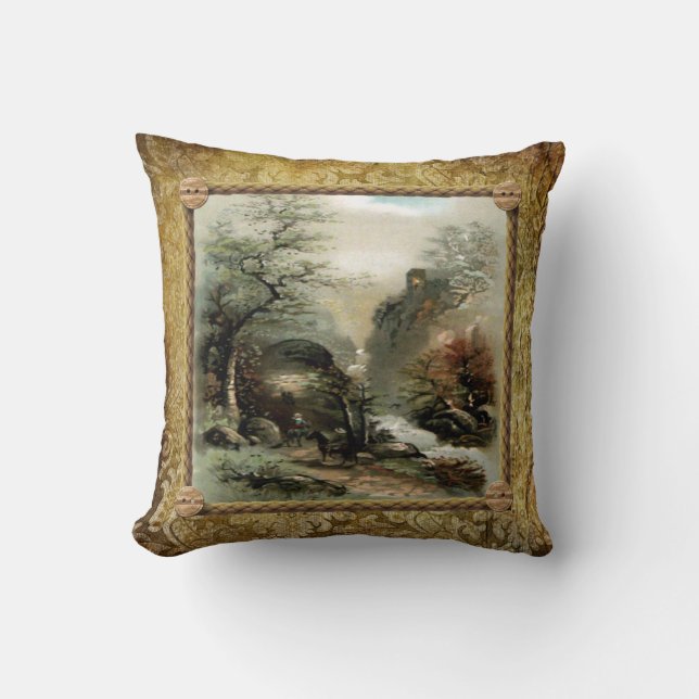 Vintage Landscape on a Grunge Brocade Background Cushion (Front)