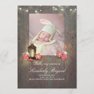 Vintage Lantern and Rustic Wood Baby Photo Birth Announcement